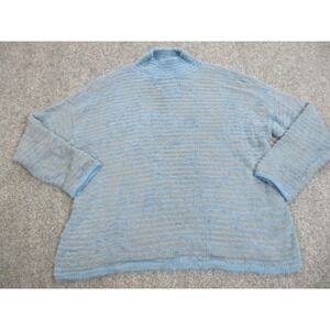 Chicos Zenergy Sweater Womens Size 3‎ Blue Mock Neck Stripes Fuzzy Soft Ladies